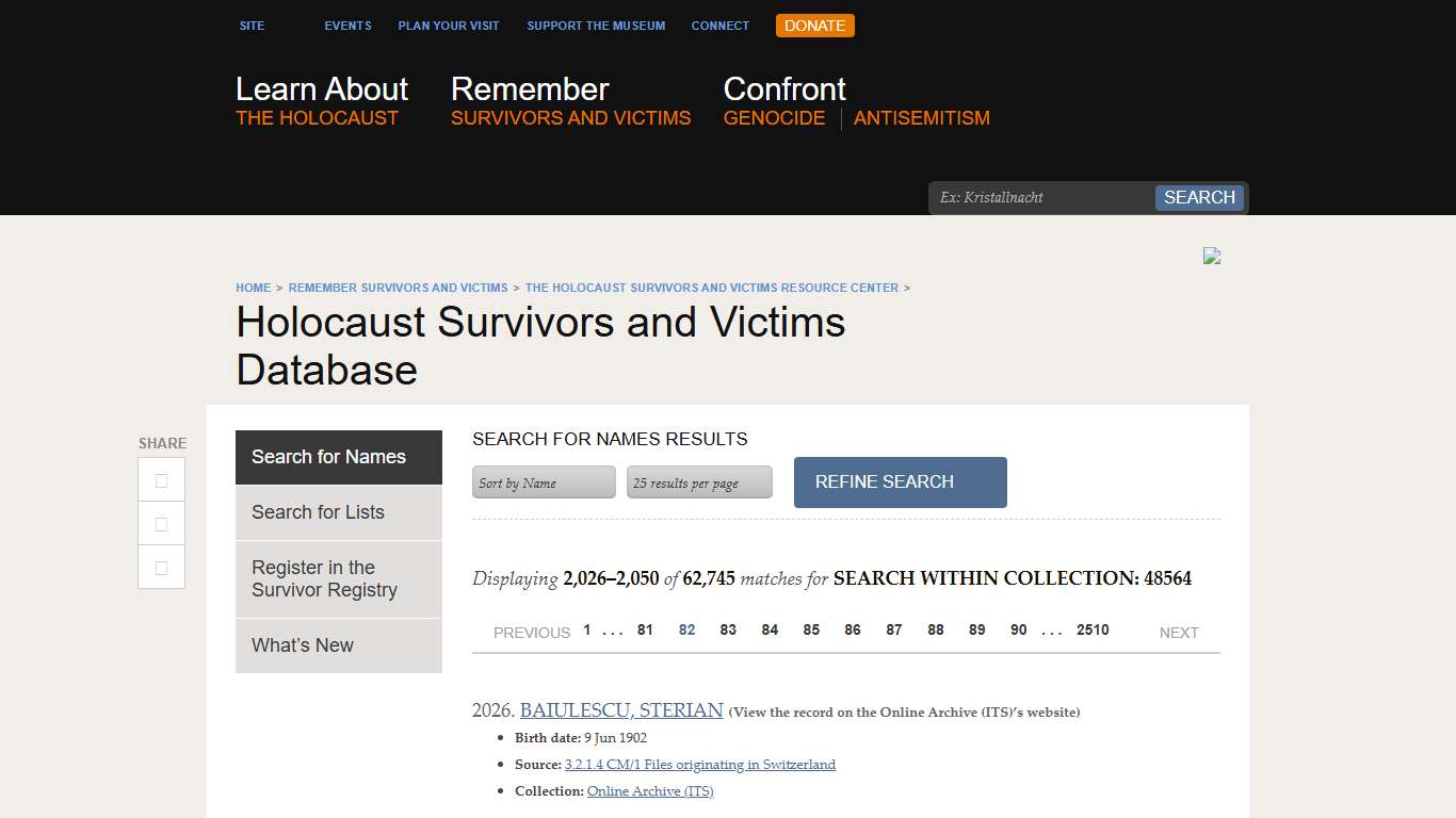 Holocaust Survivors and Victims Database -- Search for Names Results